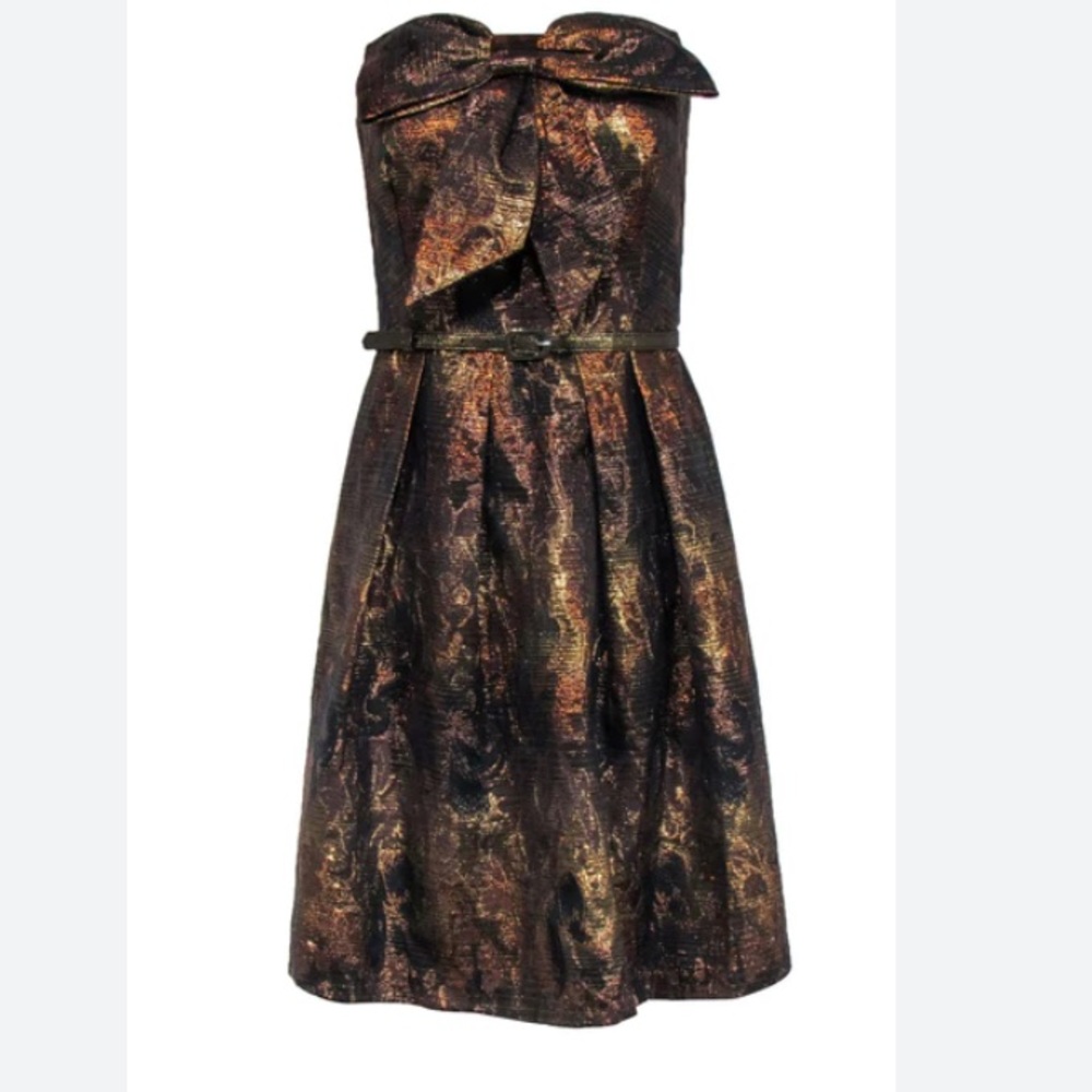 Anthropologie Metallic Strapless + Belted Mini Cocktail Dress with Bow